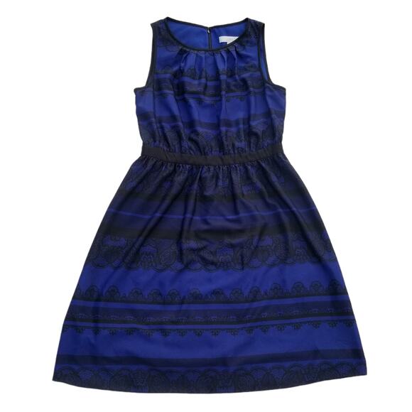 Lace Print Dress LOFT Size 10 Ann Taylor Blue Black Damask Stripe Sleeveless - Picture 7 of 8